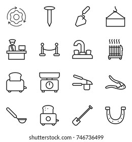 thin line icon set : around gear, nail, construction, loading crane, customs control, vip fence, water tap, radiator, toaster, kitchen scales, garlic clasp, walnut crack, ladle, shovel, horseshoe