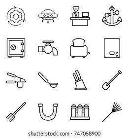 thin line icon set : around gear, ufo, customs control, anchor, safe, water tap, toaster, kitchen scales, garlic clasp, ladle, knife holder, shovel, fork, horseshoe, grain elevator, rake