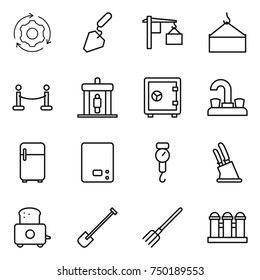 thin line icon set : around gear, construction, loading, crane, vip fence, detector, safe, water tap, fridge, kitchen scales, handle, knife holder, toaster, shovel, fork, grain elevator