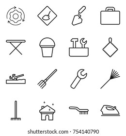 thin line icon set : around gear, under construction, suitcase, iron board, bucket, repair tools, rag, soil cutter, fork, wrench, rake, house cleaning, brush