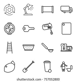 Thin line icon set : around gear, table lamp, fence, shipping, compass, key, mixer, cutting board, stairs, colander, ladle, food processor, lemon, shovel, trash bin, toilet cleaning