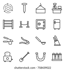 Thin line icon set : around gear, nail, loading crane, customs control, rack, vip fence, safe, fridge, garlic clasp, walnut crack, ladle, knife holder, toaster, shovel, horseshoe, grain elevator
