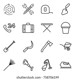 Thin line icon set : around gear, pencil wrench, measuring tape, construction, phone 24, suitcase, iron board, bucket, shovel, sickle, axe, wheelbarrow, rake, blower, vacuum cleaner