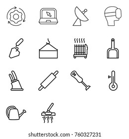 Thin line icon set : around gear, notebook, satellite antenna, virtual mask, construction, loading crane, radiator, scoop, knife holder, rolling pin, blender, thermometer, watering can