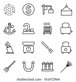 Thin line icon set : around gear, dollar coin, loading, crane, anchor, water tap, radiator, toaster, stands for knives, kitchen scales, big fork, horseshoe, grain elevator, rake