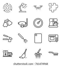Thin line icon set : around gear, table lamp, drone, puzzle, flippers, diving mask, barometer, coffee maker, garlic clasp, big fork, cutting board, grill oven, food processor, broom, vacuum cleaner