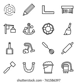 Thin line icon set : around gear, pencil, ruler, gas station, loading, anchor, lifebuoy, broom, scoop, vacuum cleaner, whisk, rolling pin, meat hammer, horseshoe, foam bucket