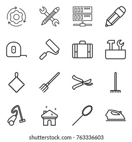 Thin line icon set : around gear, pencil wrench, server, measuring tape, repair, suitcase, tools, rag, fork, pruner, rake, vacuum cleaner, house cleaning, duster, iron