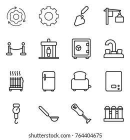 Thin line icon set : around gear, construction, loading, vip fence, detector, safe, water tap, radiator, fridge, toaster, kitchen scales, handle, ladle, blender, grain elevator