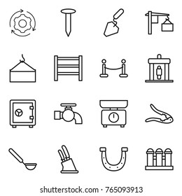 Thin line icon set : around gear, nail, construction, loading, crane, rack, vip fence, detector, safe, water tap, kitchen scales, walnut crack, ladle, knife holder, horseshoe, grain elevator