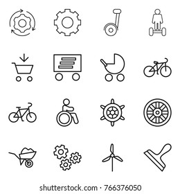 Thin line icon set : around gear, segway, hoverboard, add to cart, delivery, baby stroller, bike, invalid, handwheel, wheel, wheelbarrow, gears, windmill, scraper