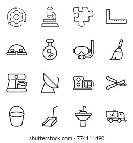 Thin line icon set : around gear, microscope, puzzle, ruler, dome house, chemical, diving mask, broom, coffee maker, satellite antenna, food processor, pruner, bucket, scoop, water tap sink