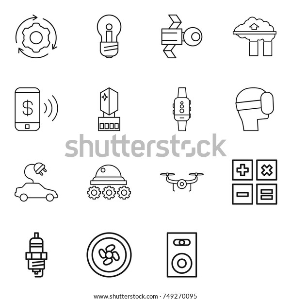 thin line icon set : around gear, bulb, satellite,\
factory filter, phone pay, crystall memory, smart watch, virtual\
mask, electric car, lunar rover, drone, calculator, spark plug,\
cooler fan
