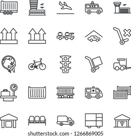 Thin Line Icon Set - arrival vector, waiting area, fork loader, baggage larry, luggage scales, plane globe, airport building, ambulance car, bike, railroad, traffic light, truck trailer, delivery
