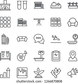 Thin Line Icon Set - arrival vector, baggage conveyor, growth statistic, seedling, blood test vial, pulse clipboard, route, navigation, heavy scales, dialog, menu, scanner, music, paper binder