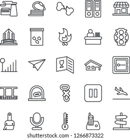 Thin Line Icon Set - arrival vector, ticket office, binder, factory, fire, hose, seeds, broken bone, traffic light, no hook, film frame, microphone, radio phone, pause button, themes, scanner