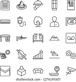 Thin Line Icon Set - arrival vector, boarding, gear, growth statistic, desk, tree, blood test vial, dropper, clipboard, package, heavy scales, user, mail, record, mute, sun panel, mountains, drink