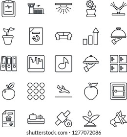 Thin Line Icon Set - arrival vector, baggage conveyor, airport building, checkroom, growth statistic, document reload, seedling, pulse clipboard, satellite, menu, scanner, music, paper binder