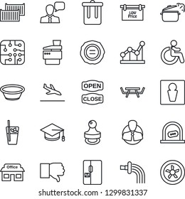 Thin Line Icon Set - arrival vector, trash bin, male, disabled, ticket office, graduate, stamp, watering, picnic table, store, client, cargo container, speaker, finger down, point graph, copier, fan