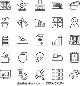 Thin Line Icon Set - arrival vector, baggage conveyor, growth statistic, monitor, document reload, seedling, pulse clipboard, route, navigation, satellite, menu, application, paper binder, estate