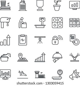 Thin Line Icon Set - arrival vector, baby room, airport building, growth statistic, monitor, document reload, seedling, pulse clipboard, navigation, fragile, heavy scales, application, paper binder