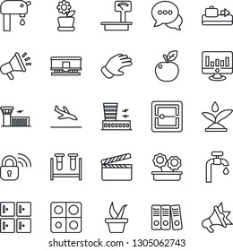 Thin Line Icon Set - arrival vector, baggage conveyor, airport building, checkroom, statistic monitor, seedling, glove, blood test vial, heavy scales, railroad, clapboard, dialog, scanner
