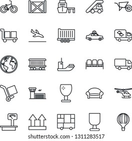Thin Line Icon Set - arrival vector, waiting area, alarm car, ladder, helicopter, airport building, wheelbarrow, bike, earth, railroad, sea shipping, truck trailer, delivery, port, container, moving