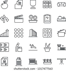 Thin Line Icon Set - arrival vector, baggage conveyor, baby room, airport building, checkroom, office, growth statistic, seedling, pulse clipboard, route, fragile, clapboard, menu, application