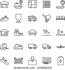Thin Line Icon Set - arrival vector, baggage conveyor, escalator, waiting area, fork loader, plane, seat map, luggage scales, ambulance car, sea shipping, truck trailer, delivery, port, container
