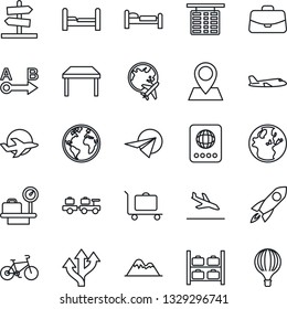 Thin Line Icon Set - arrival vector, baggage trolley, passport, bed, larry, plane, flight table, luggage storage, scales, globe, case, bike, route, earth, pin, mountains, bedroom, rocket, paper