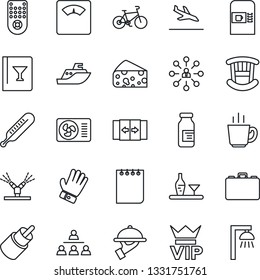 Thin Line Icon Set - arrival vector, coffee machine, automatic door, vip, hierarchy, case, notepad, glove, thermometer, scales, ampoule, bike, sea shipping, remote control, rca, children room