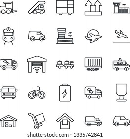 Thin Line Icon Set - arrival vector, airport bus, train, fork loader, baggage larry, ladder car, building, ambulance, bike, plane, truck trailer, delivery, consolidated cargo, fragile, up side sign