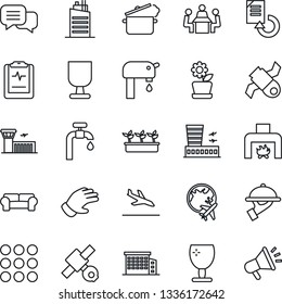 Thin Line Icon Set - arrival vector, plane globe, airport building, document reload, glove, seedling, pulse clipboard, satellite, fragile, dialog, menu, meeting, water supply, office, fireplace