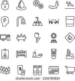 Thin Line Icon Set - arrival vector, lock, identity card, book, team, brainstorm, meeting, water drop, caterpillar, sea shipping, term, tulip, flammable, rack, remote control, radio phone, bathroom
