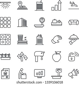 Thin Line Icon Set - arrival vector, baggage conveyor, baby room, airport building, office, growth statistic, monitor, glove, seedling, route, navigation, heavy scales, menu, application, city house