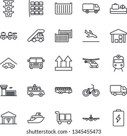Thin Line Icon Set - arrival vector, baggage conveyor, airport bus, train, larry, ladder car, plane, helicopter, seat map, building, ambulance, bike, traffic light, sea shipping, cargo container