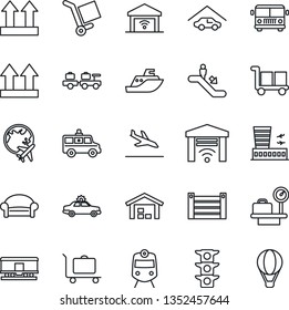Thin Line Icon Set - arrival vector, baggage trolley, airport bus, train, escalator, waiting area, alarm car, larry, luggage scales, plane globe, building, ambulance, traffic light, sea shipping