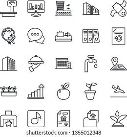 Thin Line Icon Set - arrival vector, baggage conveyor, plane globe, airport building, office, growth statistic, monitor, document reload, seedling, navigation, satellite, heavy scales, dialog, music