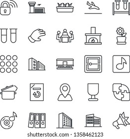 Thin Line Icon Set - arrival vector, airport building, office, document reload, glove, seedling, blood test vial, navigation, fragile, railroad, menu, scanner, music, application, paper binder