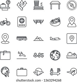 Thin Line Icon Set - arrival vector, suitcase, baggage conveyor, airport bus, passport, larry, plane, luggage scales, globe, building, case, picnic table, bike, route, navigation, earth, place tag