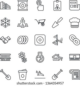 Thin Line Icon Set - arrival vector, handshake, identity card, coffee, job, trowel, shovel, wheelbarrow, railroad, oil barrel, touch screen, chain, rec button, news, hierarchy, house with garage