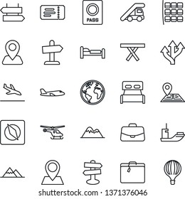 Thin Line Icon Set - arrival vector, suitcase, signpost, ticket, passport, bed, ladder car, plane, helicopter, seat map, case, picnic table, route, navigation, earth, pin, sea shipping, compass