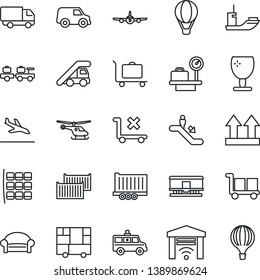 Thin Line Icon Set - arrival vector, baggage trolley, escalator, waiting area, larry, ladder car, plane, helicopter, seat map, luggage scales, ambulance, sea shipping, truck trailer, cargo container