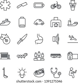 Thin Line Icon Set - arrival vector, airport bus, pedestal, flower in pot, caterpillar, stethoscope, ambulance star, bike, stomach, sea shipping, car delivery, route, flame disk, speaker, fireplace