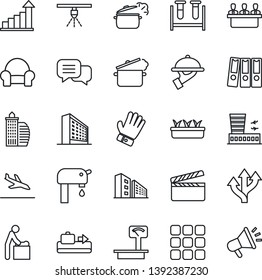 Thin Line Icon Set - arrival vector, baggage conveyor, baby room, airport building, office, growth statistic, glove, seedling, blood test vial, route, heavy scales, clapboard, dialog, menu, meeting