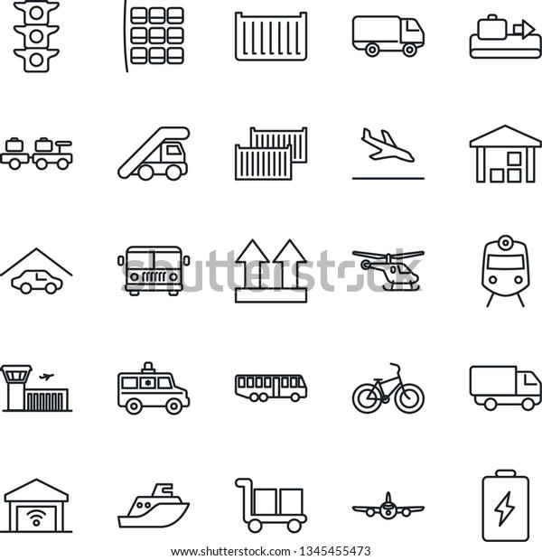 Thin Line Icon Set - arrival vector, baggage
conveyor, airport bus, train, larry, ladder car, plane, helicopter,
seat map, building, ambulance, bike, traffic light, sea shipping,
cargo container