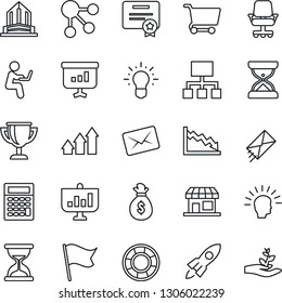Thin Line Icon Set - arrow up graph vector, shining head, rocket, money bag, crisis, office chair, idea, cart, flag, calculator, social media, hierarchy, management, certificate, mail, award cup
