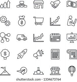 Thin Line Icon Set - arrow up graph vector, gear, motivation, rocket, handshake, money bag, growth, calendar, cart, cash, calculator, car, paper plane, social media, hierarchy, advertising, pedestal