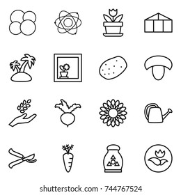 thin line icon set : atom core, flower, greenhouse, island, in window, potato, mushroom, harvest, beet, watering can, pruner, carrot, fertilizer, ecology