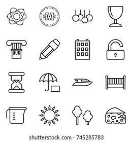 thin line icon set : atom, crypto currency, sale, wineglass, column, pencil, building, unlock, sand clock, insurance, yacht, crib, measuring cup, gas oven, trees, cheese